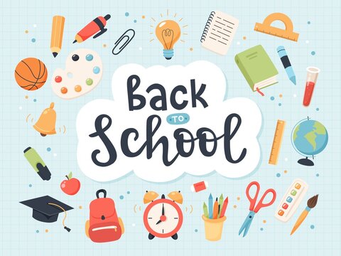 Back to school collection of supplies with handwritten calligraphy for children. Cute colorful vector illustration