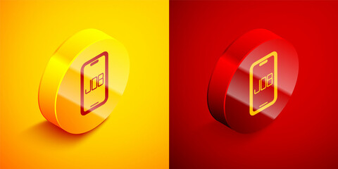 Isometric Search job icon isolated on orange and red background. Recruitment or selection concept. Human resource and recruitment for business. Circle button. Vector