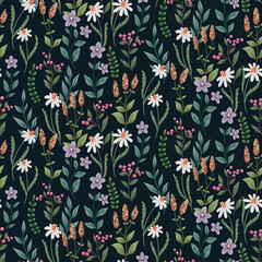 Seamless pattern with ornate flower meadow, various wild plants. Vintage floral print with wildflowers, leaves, herbs on a dark field. Botanical background design with hand drawn flowers. Vector.