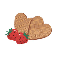 Hand drawn heart shape waffles with raw strawberries in flat style with grainy texture, isolated on white vector illustration