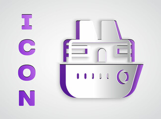 Paper cut Cruise ship icon isolated on grey background. Travel tourism nautical transport. Voyage passenger ship, cruise liner. Worldwide cruise. Paper art style. Vector