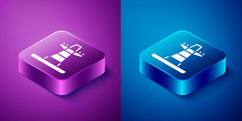 Isometric Electric tower used to support an overhead power line icon isolated on blue and purple background. High voltage power pole line. Square button. Vector