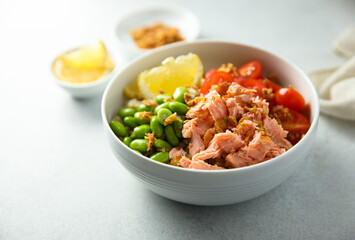 Healthy salmon poke with edamame beans