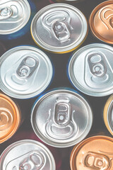 Group of aluminium cans, cold drink. Top view.