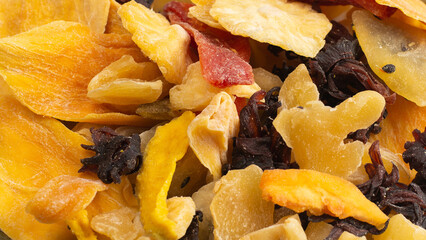 Mix of dried exotic fruit, mangos,slices of pineapples, passion fruit, papaya.