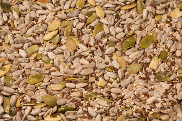 Mix of seeds for a salad. A pile of mixed seeds isolated on white background.