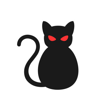 Black cat with red evil eyes isolated on white background. Halloween vector doodle element. Best for textile, print, wrapping paper, package and festive decoration.