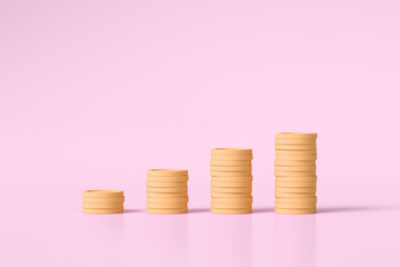 Steps made of coins on a pink background. 3d render illustration.