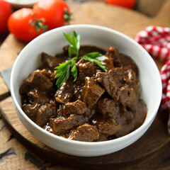 Homemade beef goulash or ragout with vegetables