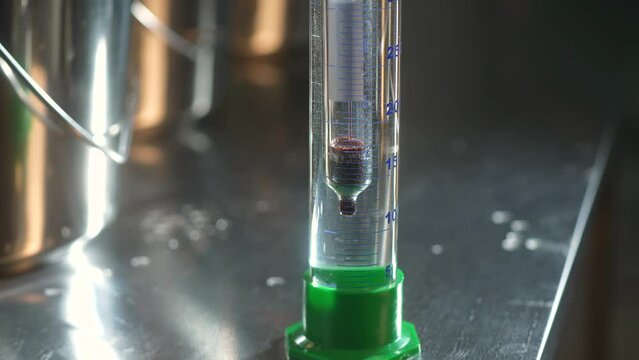 Galileo thermometer displays temperature changes based on the physics of density. lemonade production. the thermometer is lowered into the liquid to check the sugar level