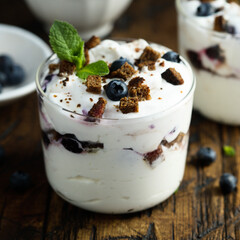 Homemade chocolate trifle with blueberry