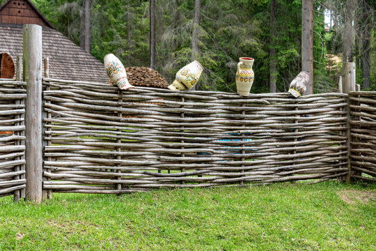 Ukrainian traditional dishes. Ancient Ukrainian historical dishes. Ukraine, Bukovel, "Hutsul Land" park.