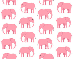 Vector seamless pattern of flat hand drawn pink elephant isolated on white background