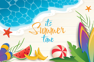 Summertime background in cartoon design in top view. Wallpaper with summer beach with sea, tropical palm leaves, surfboard, ball, watermelon, banana. Vector illustration for poster or banner template