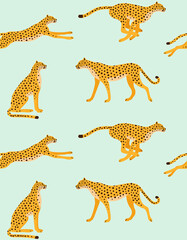 Vector seamless pattern of flat hand drawn cheetah isolated on mint background