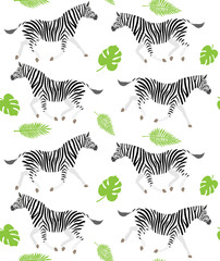 Fototapeta na wymiar Vector seamless pattern of hand drawn flat zebra and palm leaves isolated on white background