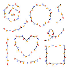 Set of festive multicolored garlands on cable in flat style. Frame of garland in the shape of a heart, circle, square and others. Decoration, holiday concept.