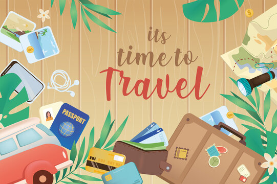 Time to travel background in cartoon design in top view. Wallpaper with composition of bus, passport, tickets, luggage, map with route and other. Vector illustration for poster or banner template