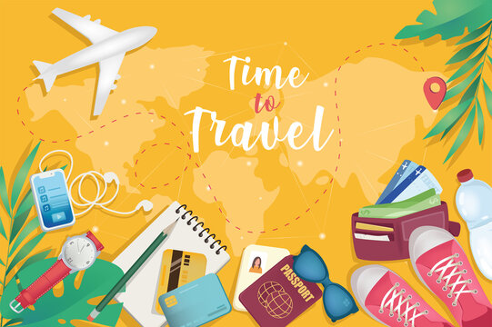 Time to travel background in cartoon design in top view. Wallpaper with composition of passport, tickets, sunglasses, plane, sneakers and other. Vector illustration for poster or banner template