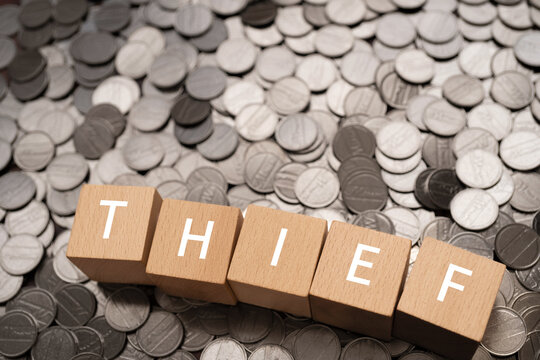 泥棒のイメージ｜「THIEF」と書かれたブロックとコイン
