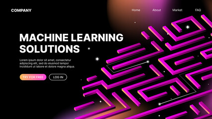 Machine Learning Solutions Horizontal Banner. Website Landing Page Template. Vector illustration