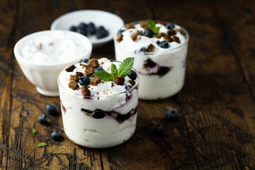 Homemade chocolate trifle with blueberry