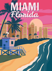 Obraz premium Miami Florida, City Skyline, Retro Poster. Sunset, Lifeguard house, coast, surf, ocean. Vector illustration vintage