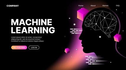 Machine Learning Web Landing Page Template. Vector illustration