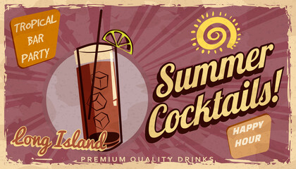 Summer Long Island Cocktail Retro banner. Cocktail lounge vintage background, scratched old textured paper