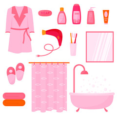 big set pink palette of bathroom objects