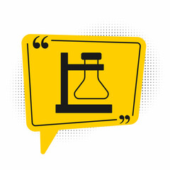 Black Glass test tube flask on stand icon isolated on white background. Laboratory equipment. Yellow speech bubble symbol. Vector