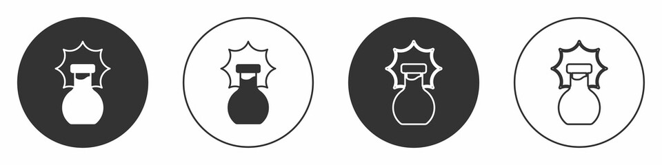 Black Chemical experiment, explosion in the flask icon isolated on white background. Chemical explosion in a test tube. Circle button. Vector