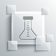 Grey Test tube and flask chemical laboratory test icon isolated on grey background. Laboratory glassware sign. Square glass panels. Vector