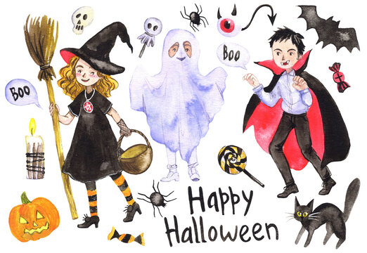 Set of children's watercolor illustrations for Halloween. Cute children play in costumes of a witch, a ghost and a vampire and other attributes of the day of all saints