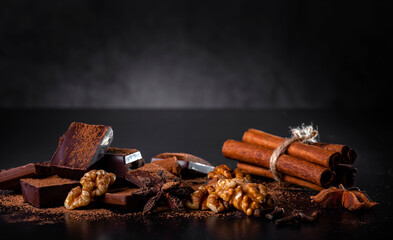 A pile of dark broken chocolate sprinkled with cocoa powder, nuts and spices. Copy space