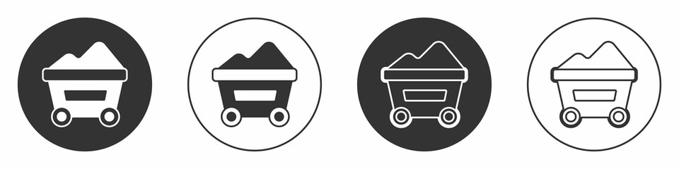 Black Coal mine trolley icon isolated on white background. Factory coal mine trolley. Circle button. Vector