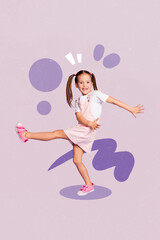 Vertical collage portrait of excited positive girl enjoy dancing have fun isolated on painted...
