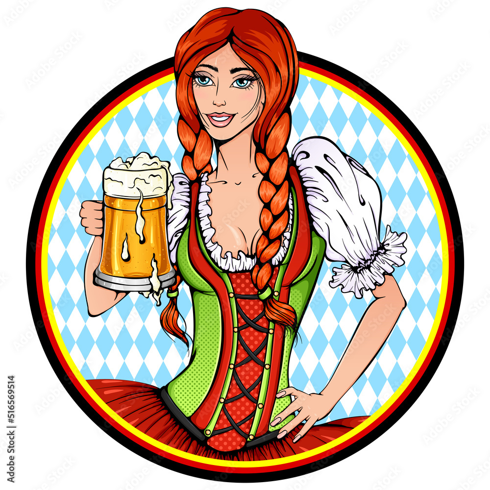 Wall mural Oktoberfest beer party print. Vector illustration with girl with a glass of beer in a round frame isolated on white. Pub, restaurant and bar design