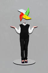 Vertical collage picture of schoolkid windmill spinner instead head arms show cons pros scales...