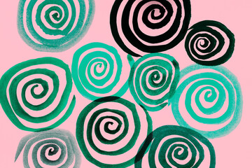 Fototapeta na wymiar Watercolor abstraction bright circles and spirals. Colored stripes. Artistic background. Postcard.Original abstract art illustration
