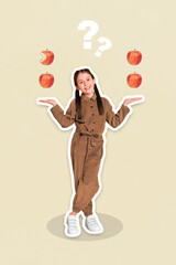 Vertical collage image of cheerful girl arms palms hold show apple question mark isolated on painted background