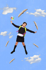 Vertical collage image of amazed excited girl hold windmill spinner flying book isolated on drawing...