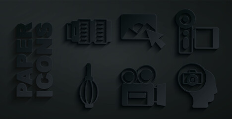 Set Retro cinema camera, Cinema, Dust blower, Photo, retouching and Camera photo lens icon. Vector