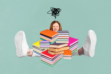 Collage picture of crazy tired girl sitting under pile stack painted book isolated on creative...