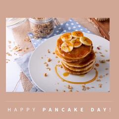 Image of pancakes with bananas on plate over pink background