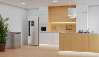 Kitchen room with a dinning table - wall. 3D rendering.