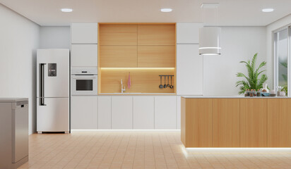 Kitchen room with a dinning table - wall. 3D rendering.