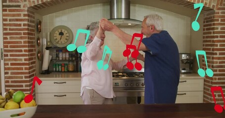 Animation of falling notes over caucasian senior couple dancing