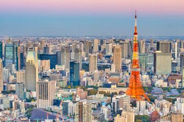 Naklejka premium Japanese Travel Destinations. Twilight View of Picturesque Tokyo Skyline During Blue Hour in Japan.
