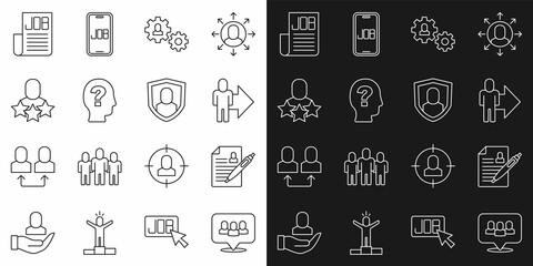Set line Project team base, Resume, Leader of of executives, Human with gear, Worker, Productive human, Search job and User protection icon. Vector
